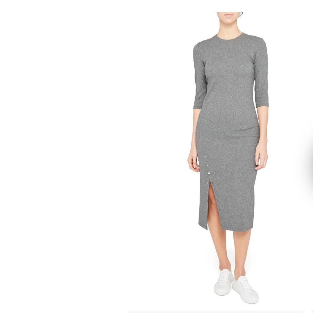 Theory Side Slit Midi Dress Ribbed Knit Dark Green Elbow Sleeve Cotton Sz Medium